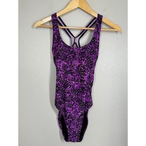 Speedo Swimsuit Purple Black Animal Print One Piece Racer Back Women's 8 Padded